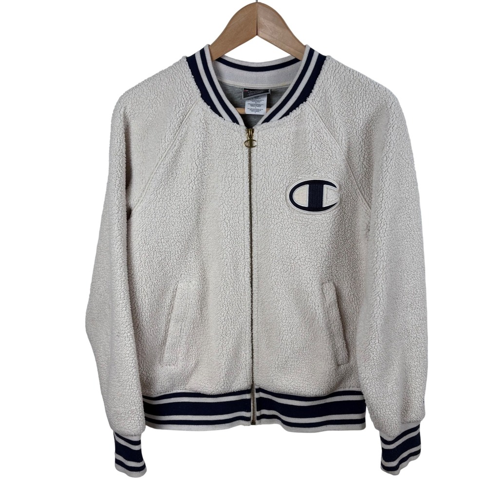 Champion Sherpa Fleece Bomber Jacket Cream Navy Stripe Logo Varsity Womens Small